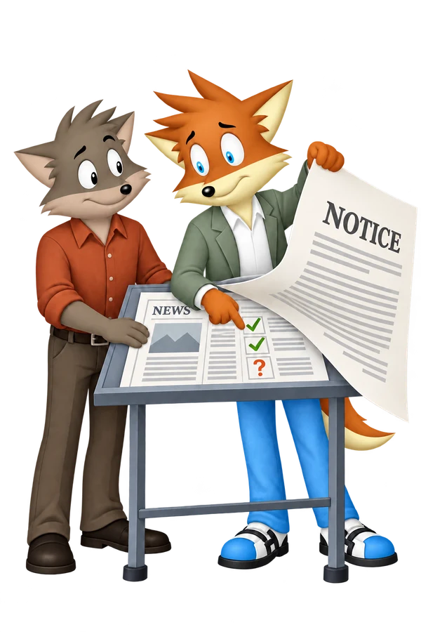 The orange reporter lifts an oversized NOTICE letter from a news proof marked with checks and a question mark while a grey-brown adult editor steadies the proof beside them.
