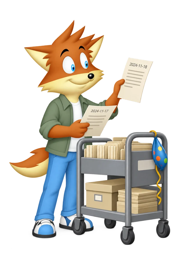 The orange reporter compares two dated records beside an archive trolley. A deflated spotted balloon hangs from its handle.
