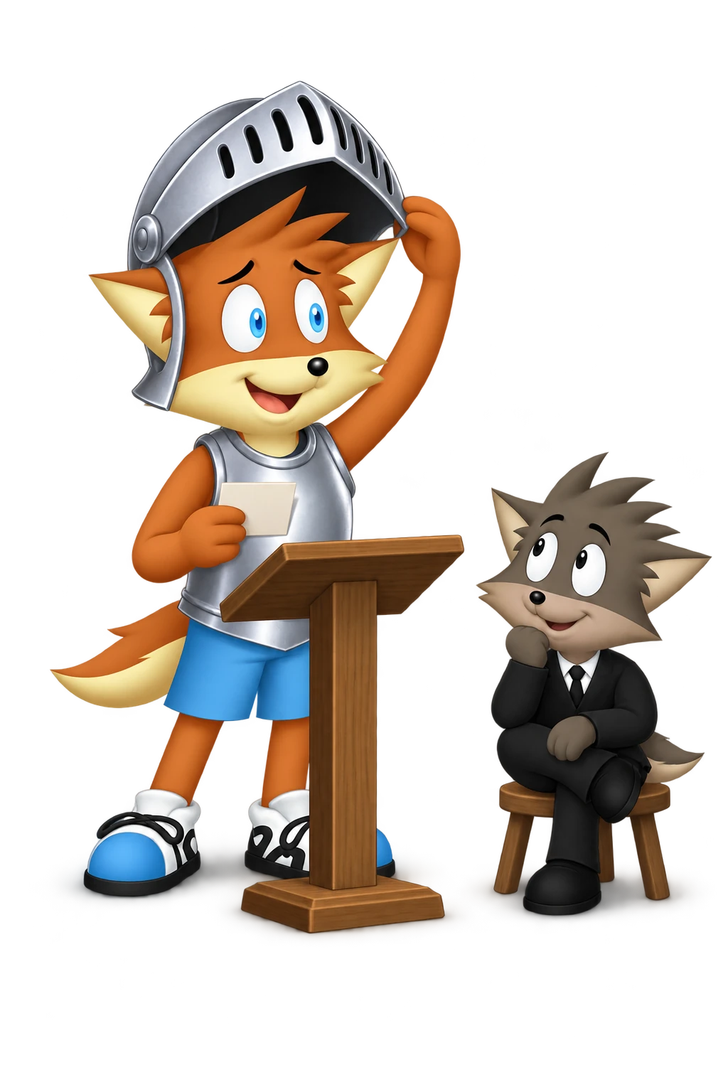 The orange mascot opens an oversized helmet visor at a small lectern to speak to a seated companion.