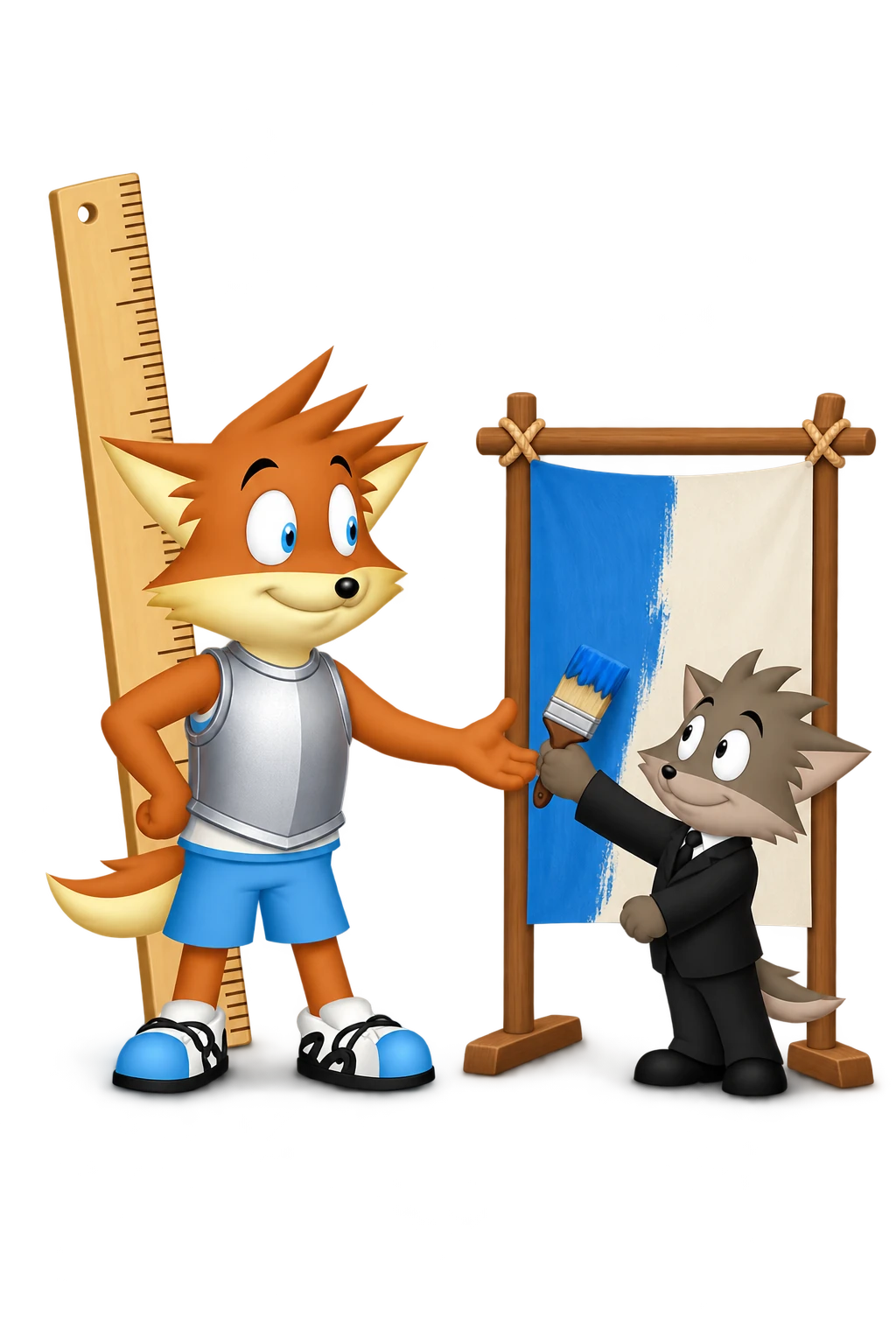 The orange mascot hands a brush to a companion to finish a shared blue frame, leaving a large measuring ruler aside.