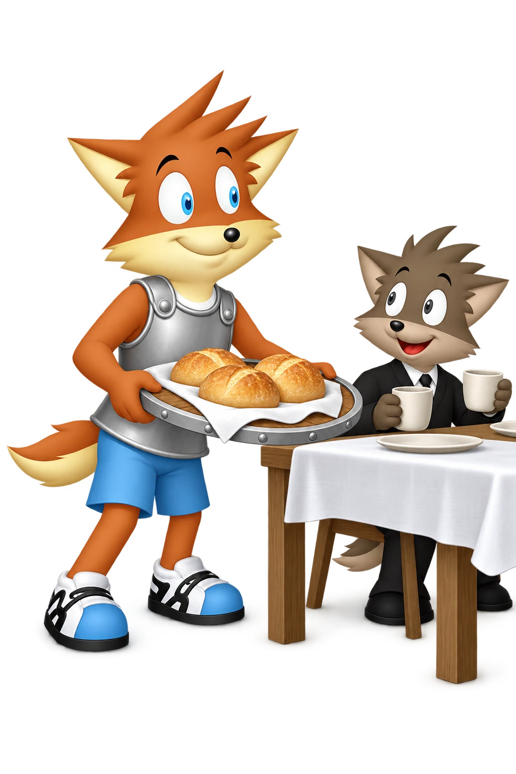 The orange mascot uses a cloth-covered practice shield as a bread tray while a companion carries cups.
