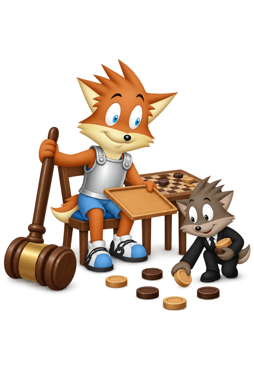 An orange knight rests an enormous gavel on the floor and steadies a checker board while a grey companion gathers spilled pieces.