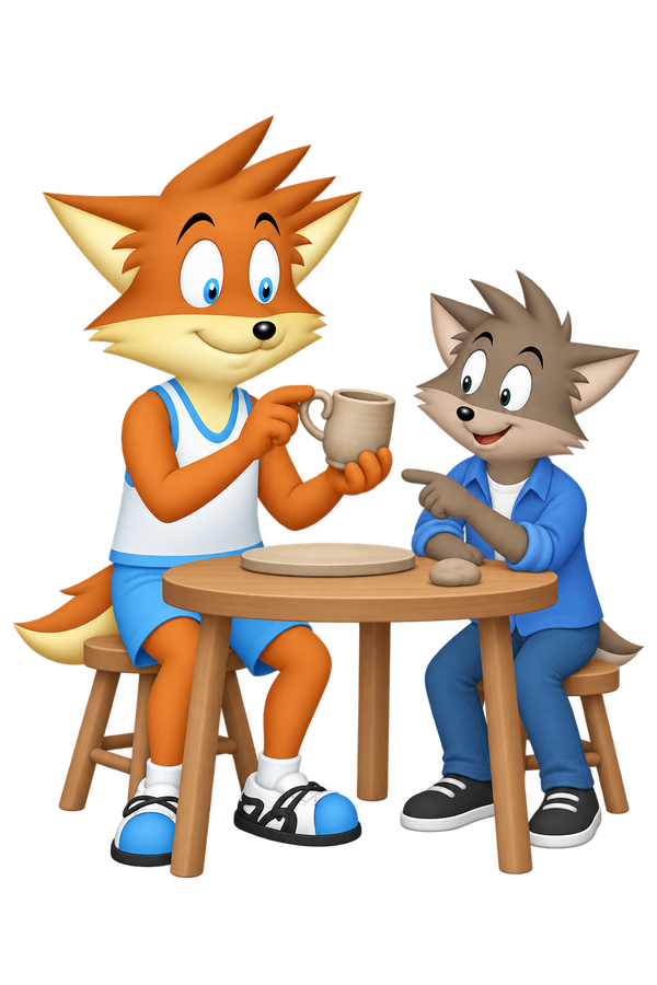The seated orange mascot holds a clay mug and examines its handle while the grey companion points to its curve; clay pieces lie on the table.