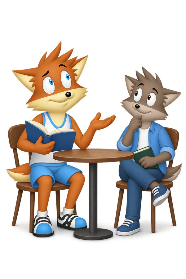 Two seated mascots discuss books at a small table; the orange reader holds an open book and gestures while the grey reader smiles thoughtfully.