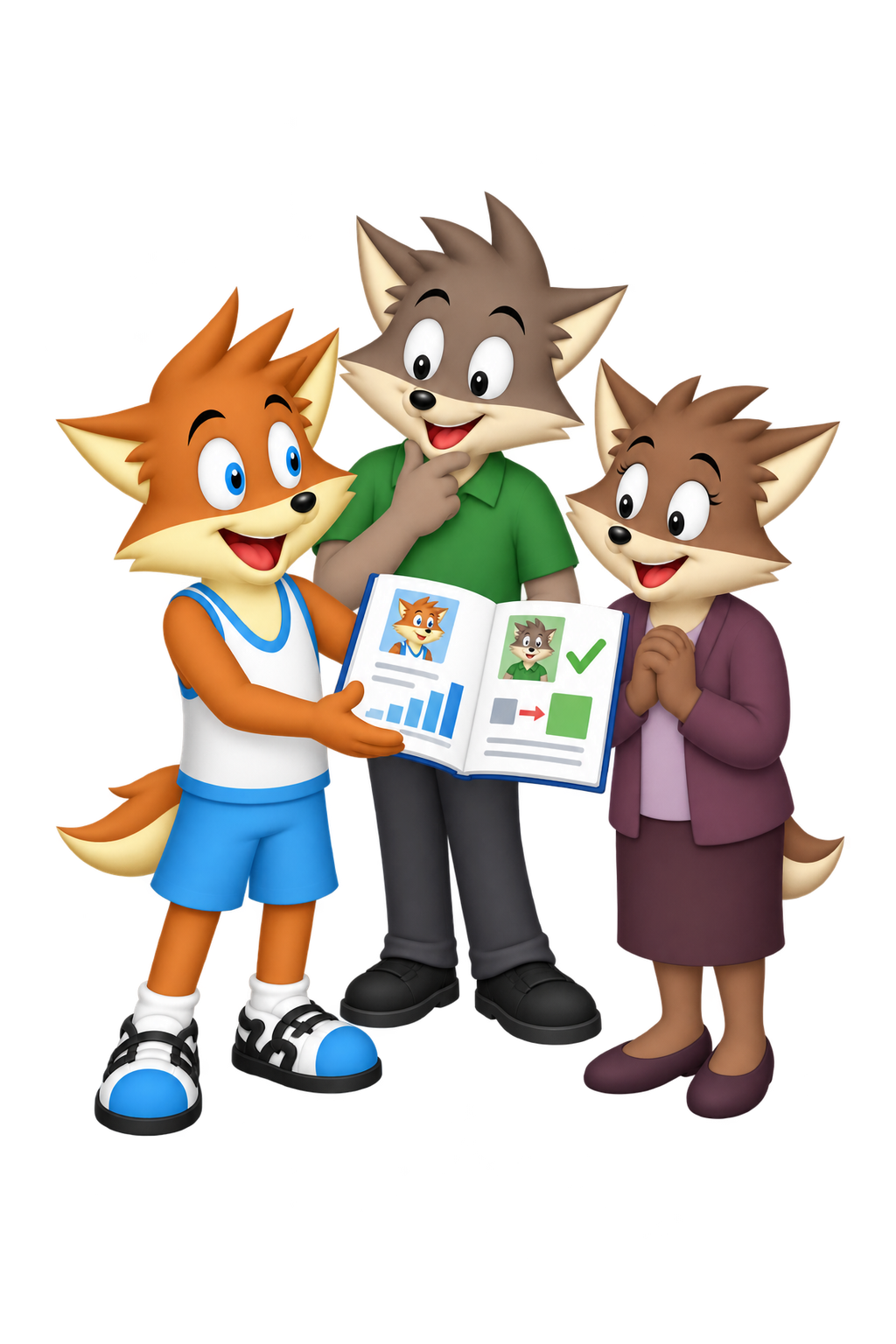 The mascot presents an open report featuring the green-shirted colleague’s portrait to an older reader and gestures toward the colleague.