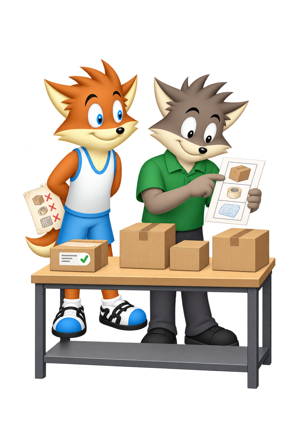 A colleague compares a packing checklist with parcels on a bench while the mascot waits with an old corrected training sheet behind its back.