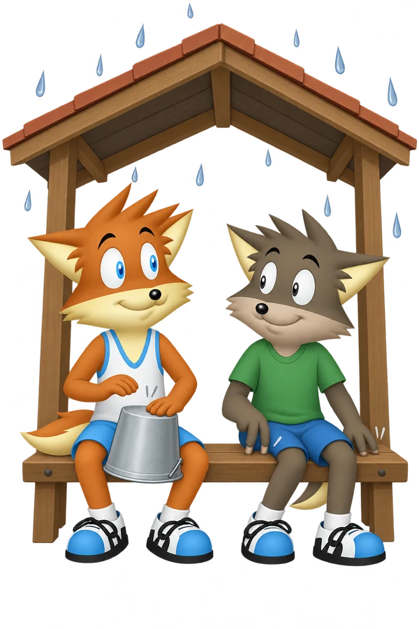 The orange mascot taps an upside-down bucket beside a grey-brown companion on a sheltered bench as rain falls outside.