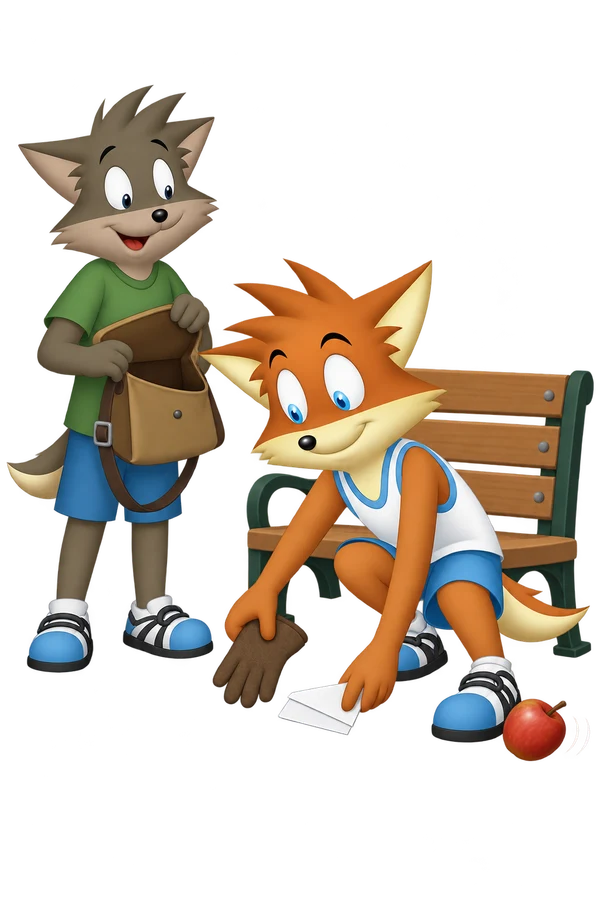 The orange mascot gathers a glove and turns a letter face down beside a grey-brown companion’s open bag.