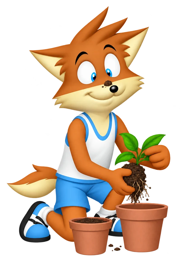 The orange mascot supports a small seedling’s roots while easing a leaf past a flowerpot rim.