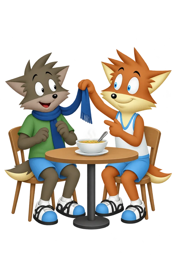 The orange mascot lifts the end of a grey-brown companion’s scarf away from a soup bowl.