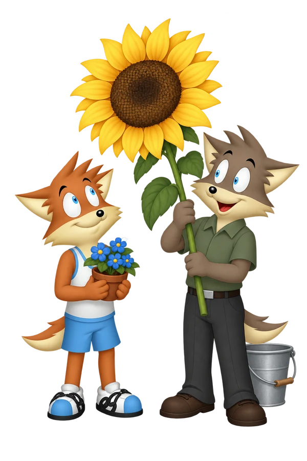 The mascot carries small blue flowers and smiles toward a peer carrying a large sunflower.