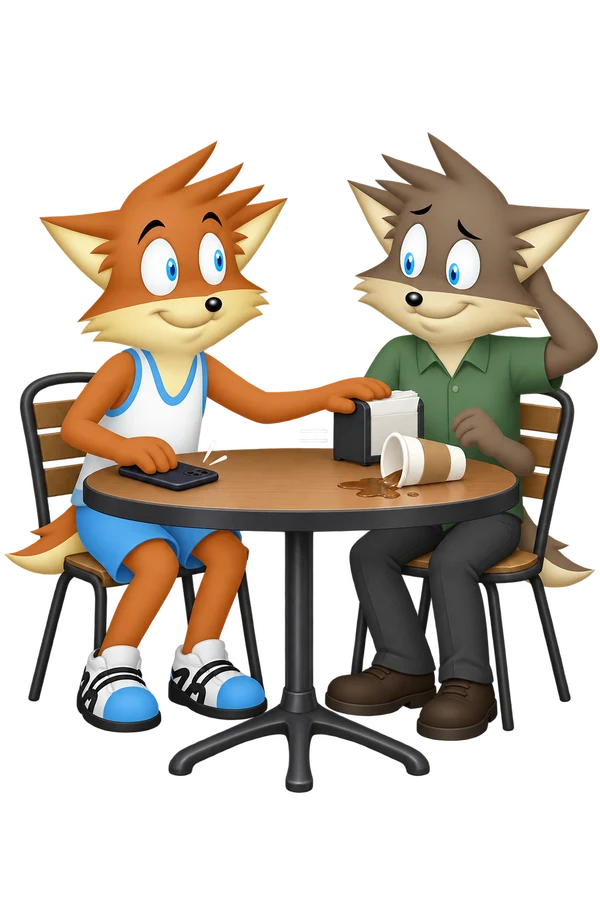 The mascot puts a phone face down and reaches toward napkins beside a peer and a spilled cup.