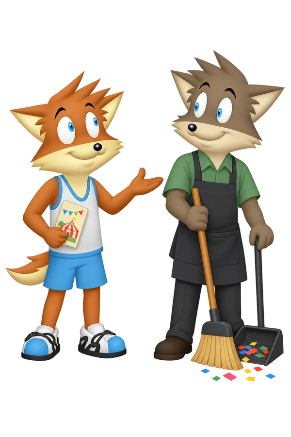 The mascot greets a peer holding a broom and dustpan beside the last scraps of festival confetti.