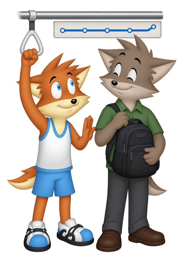 The mascot makes a small request as a fellow commuter holds a backpack in front beneath a train route diagram.