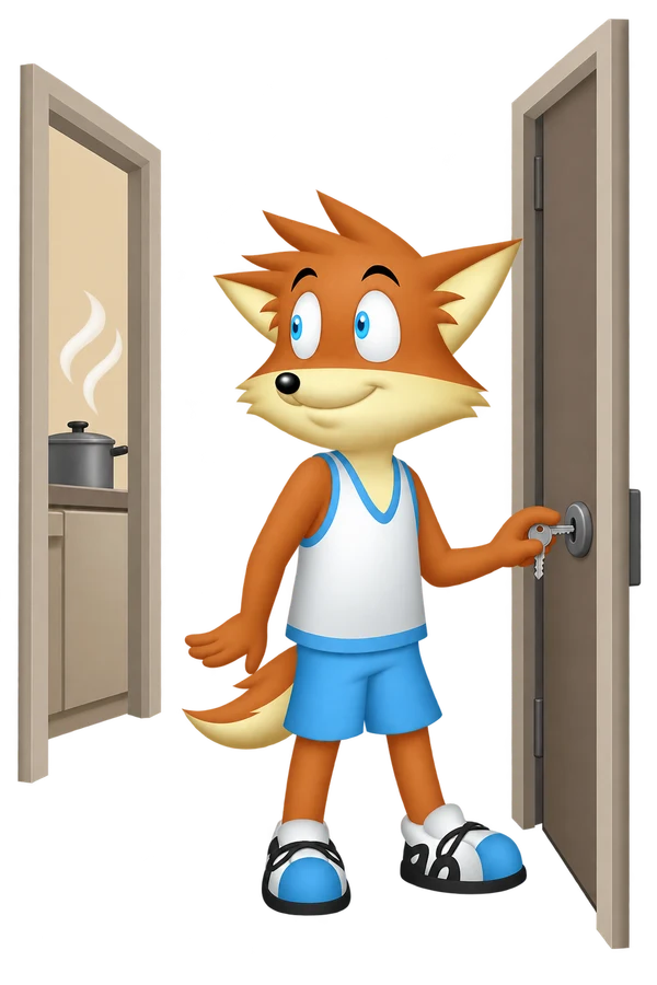 The mascot unlocks an apartment door while steam rises from a cooking pot through a neighboring doorway.