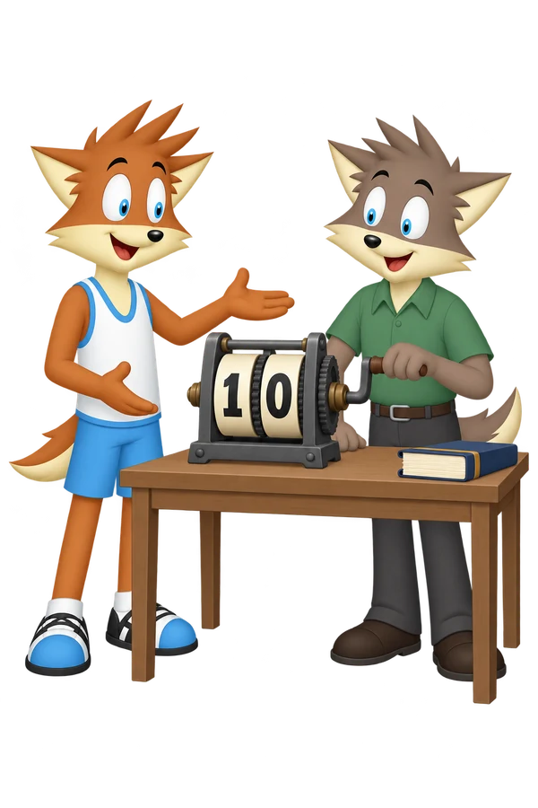 The orange mascot offers an explanation while a peer turns the crank of a mechanical counter.