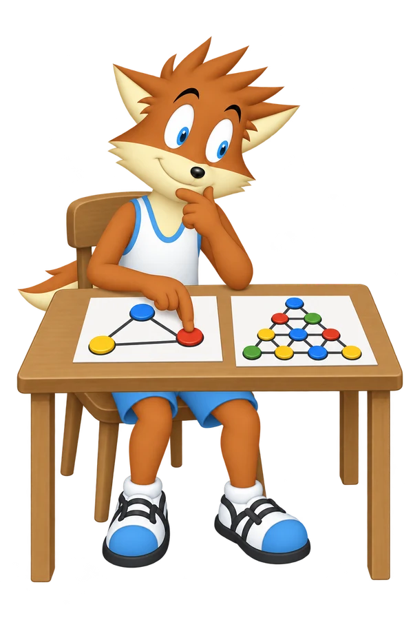 The mascot tests a simple arrangement of counters beside a larger puzzle diagram.