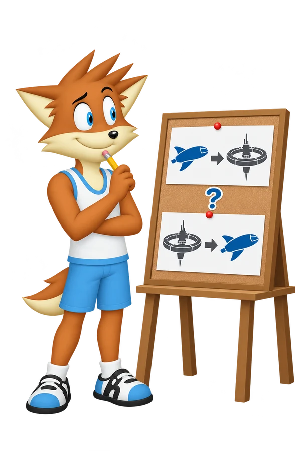 The orange mascot compares two cards that put a spaceship and station in opposite orders.