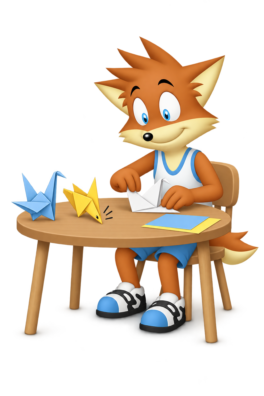 Orange mascot checks a paper-bird fold beside two trial birds, one tipping onto its beak.
