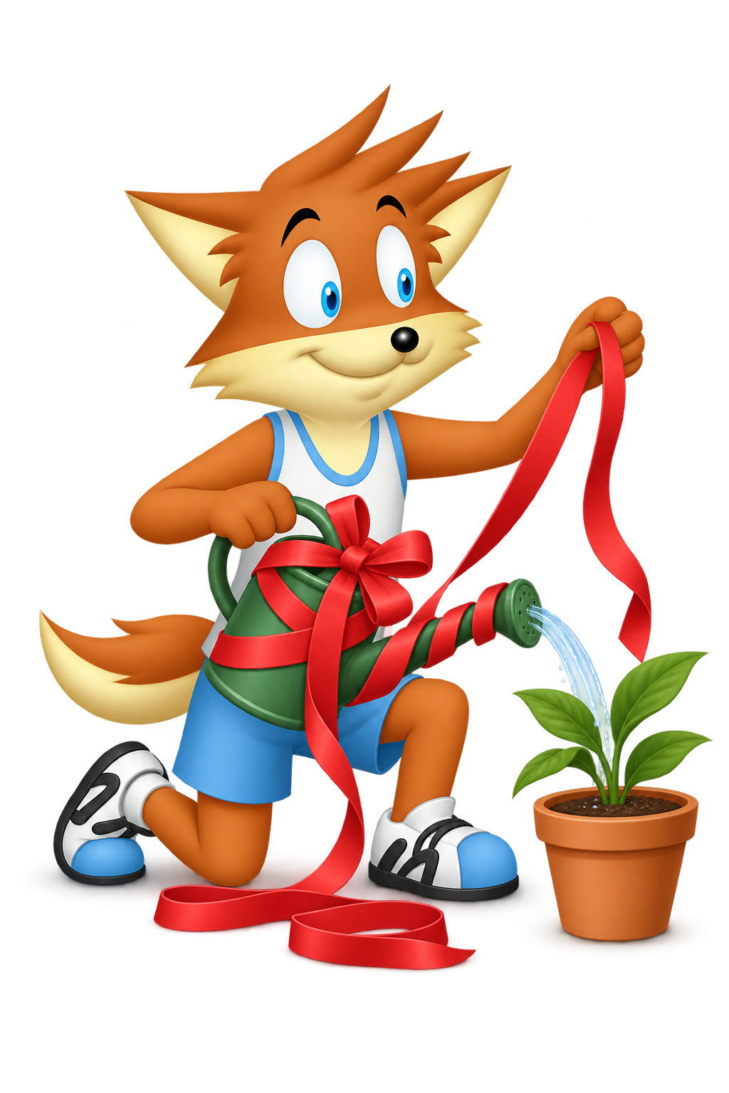 Orange mascot loosens a long decorative ribbon from a watering can while pouring water into a plant pot.