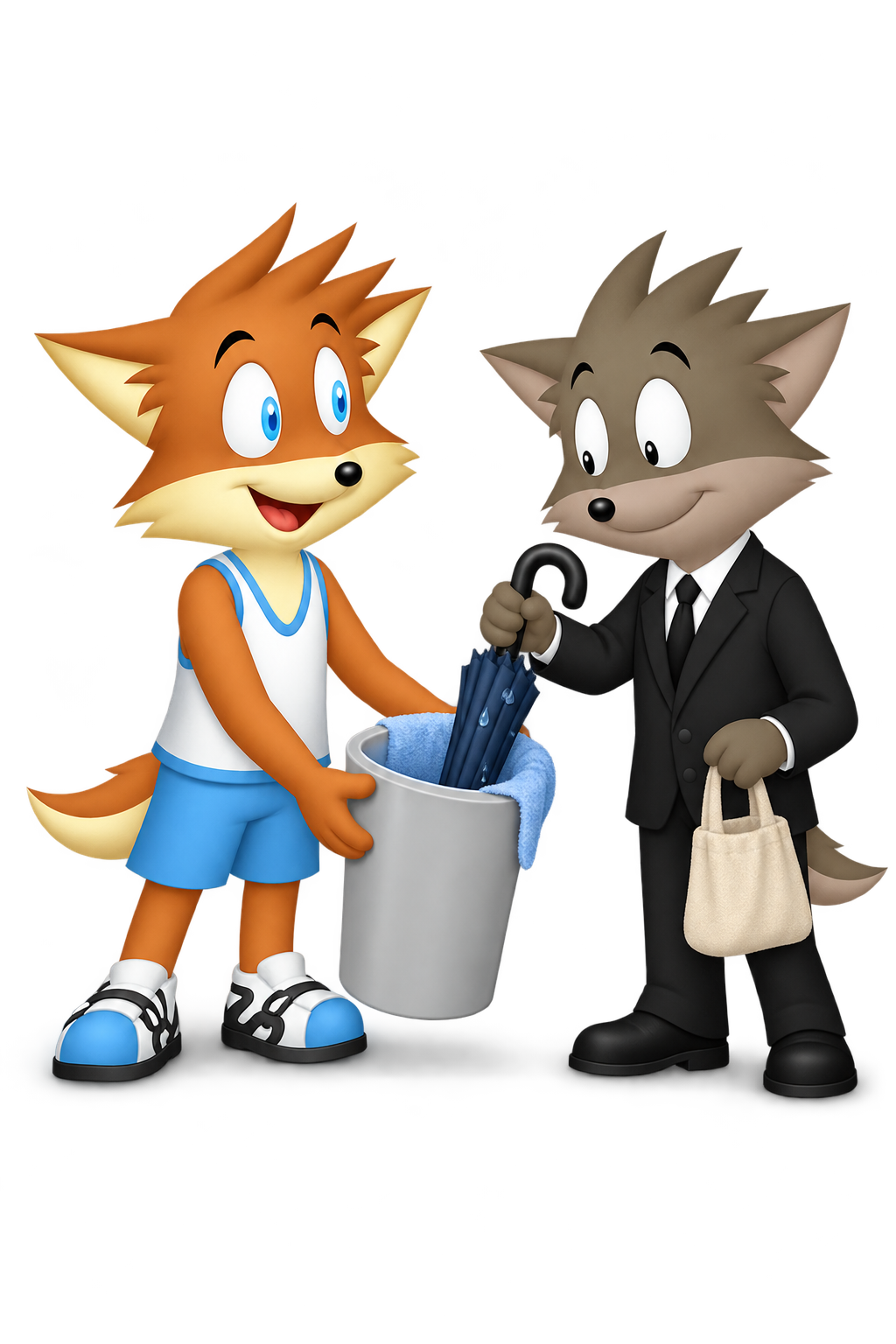 Orange mascot offers a towel-lined container while a grey-brown guest places a wet umbrella inside and holds a small bag.
