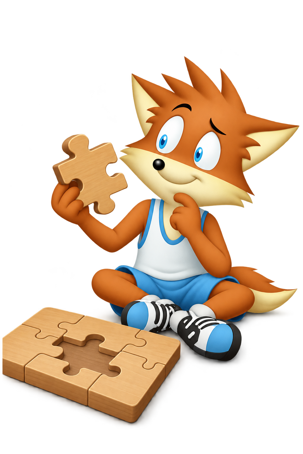 Orange mascot tilts its head while studying a wooden puzzle piece beside an unfinished jigsaw.