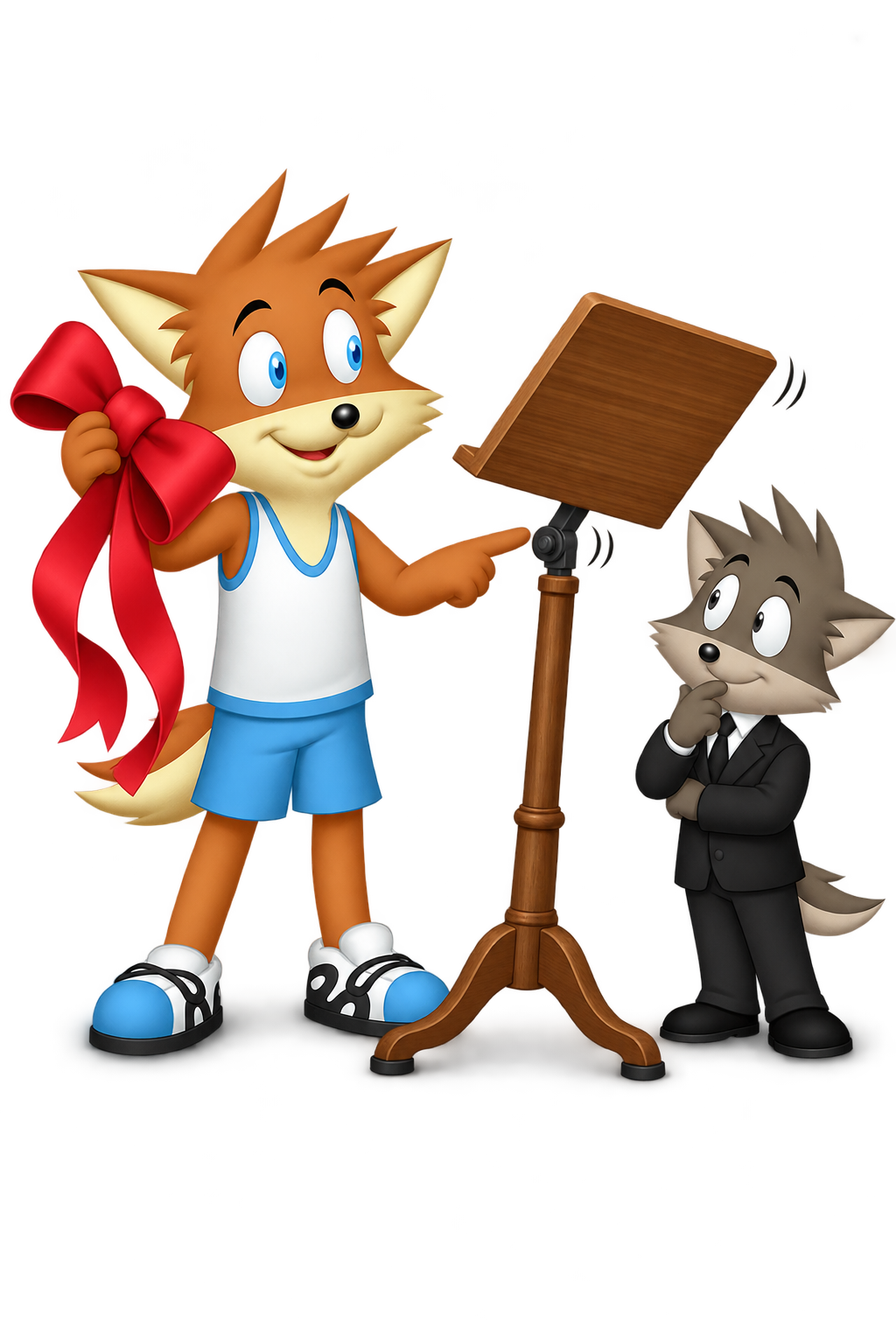 Orange mascot holds a large ribbon away from a music stand and points out its slipping joint to a grey-brown companion.
