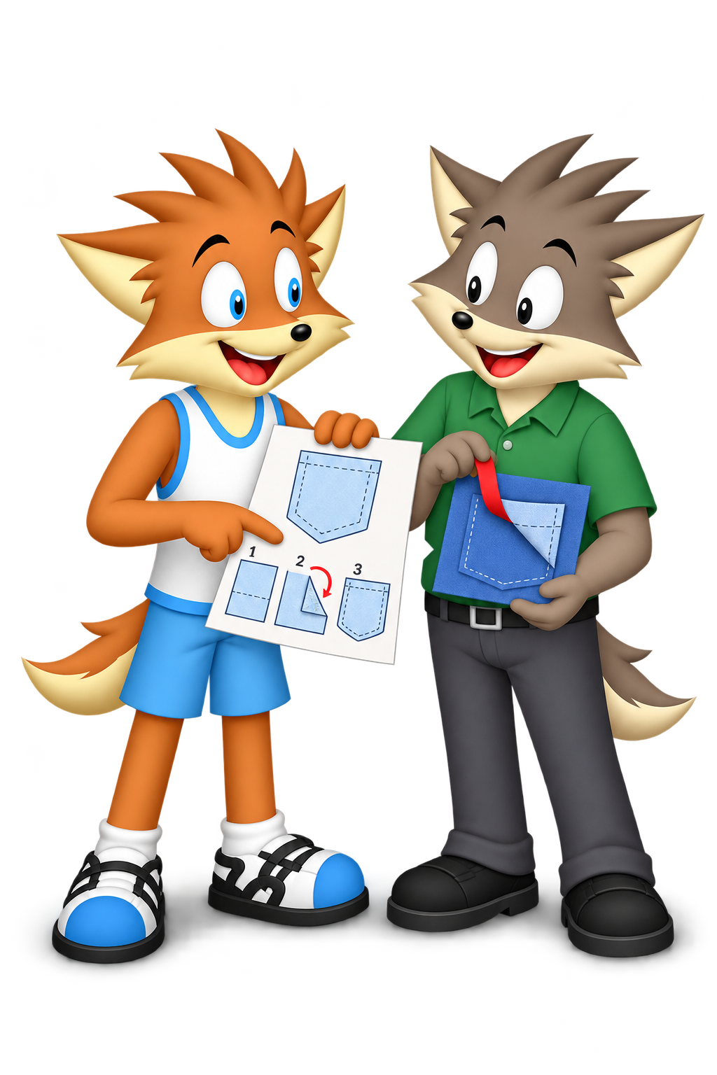 The mascot shares a pocket pattern and its turning steps with a grey adult holding a fabric sample.