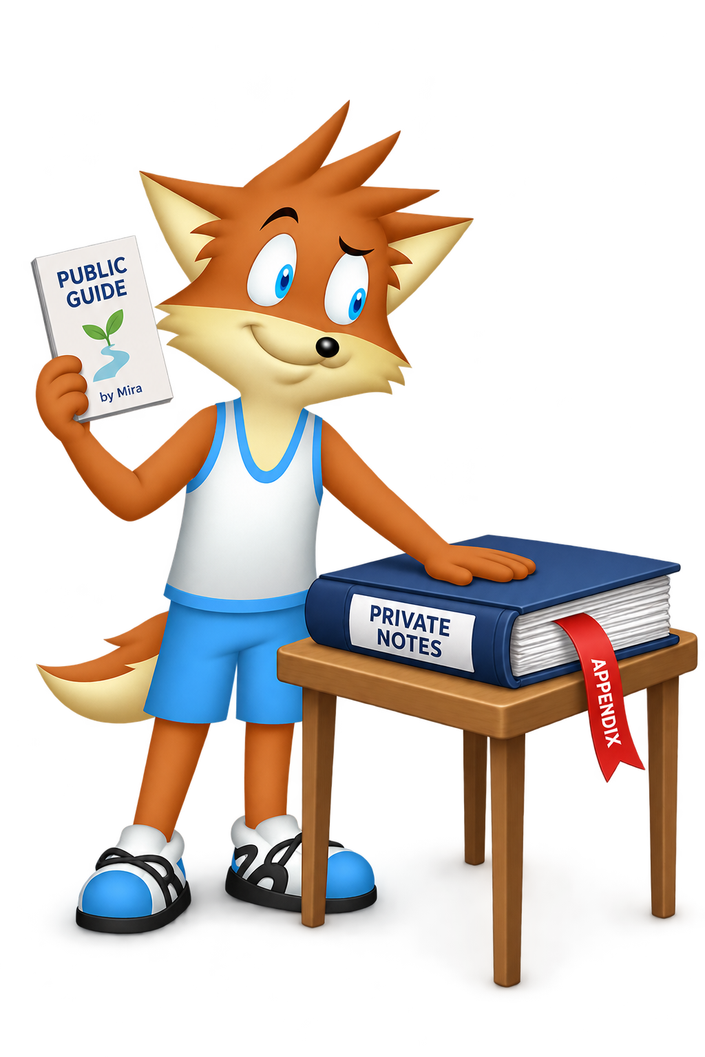 The mascot holds a thin public guide with a flower drawing and contributor credit, while keeping a thick binder of private notes closed on the table; an appendix ribbon hangs from the binder.