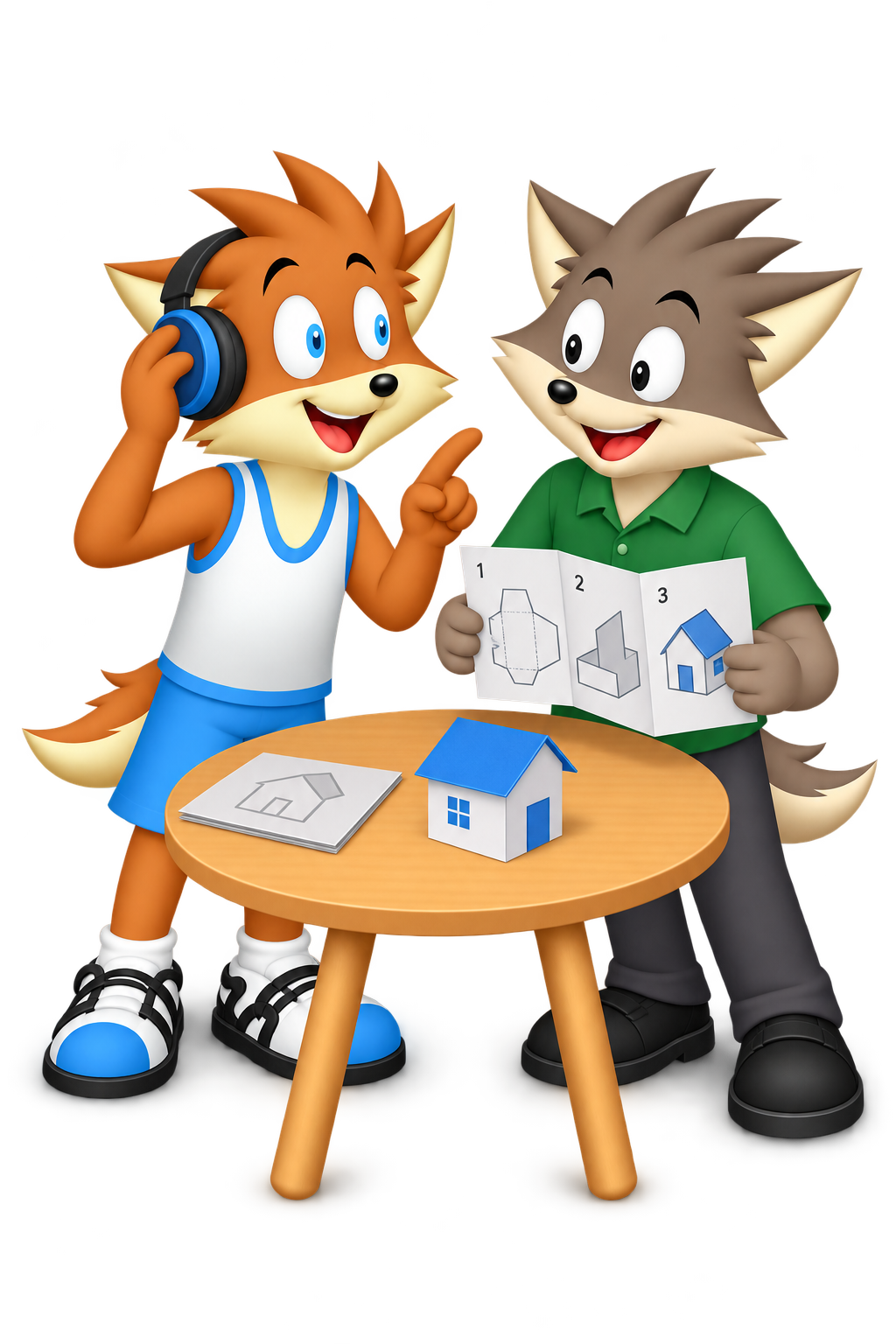 The mascot listens through headphones beside a paper house while a grey companion holds the illustrated instructions.