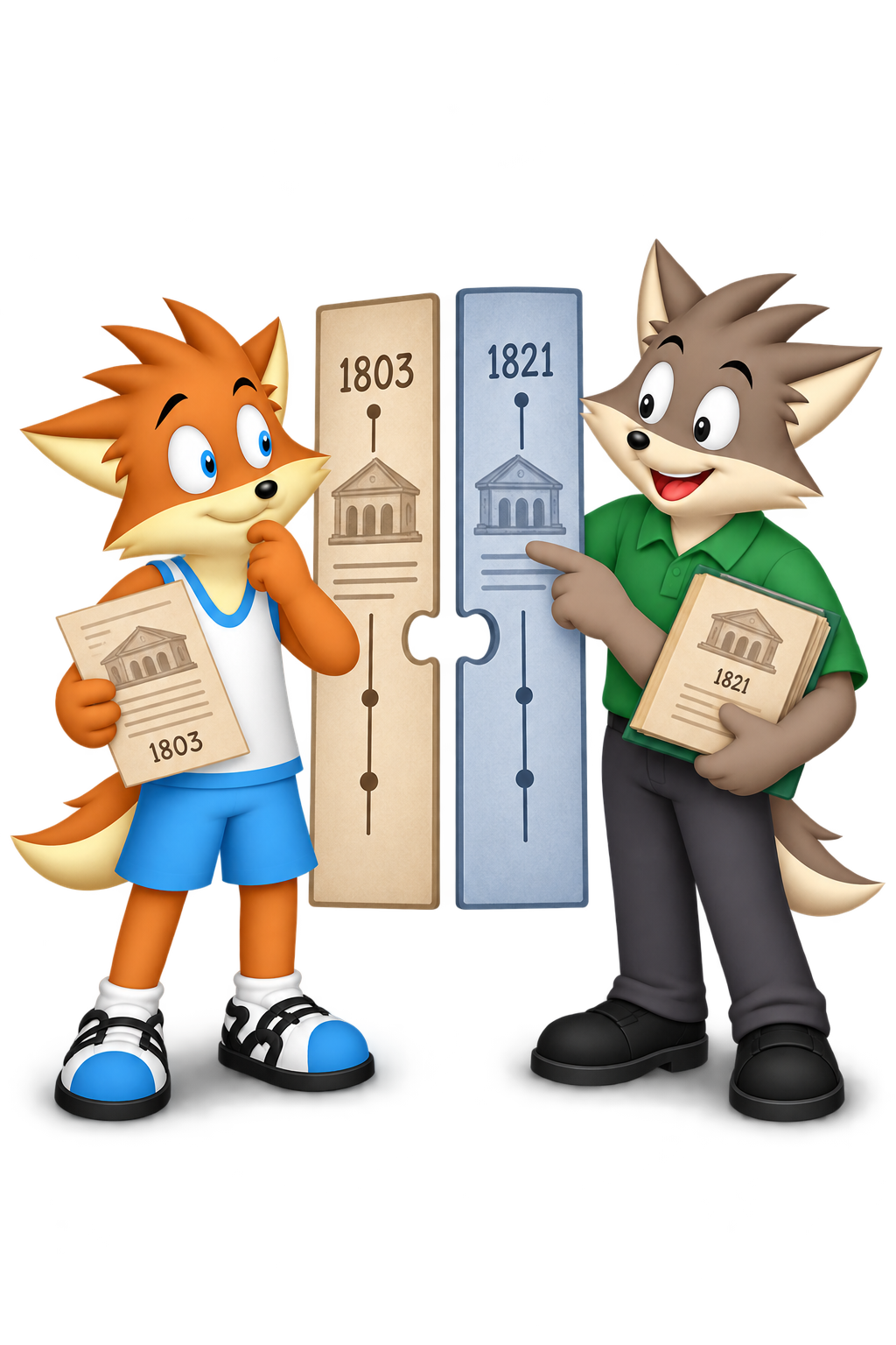 The mascot and a grey contributor compare records with different dates beside two timeline strips separated by a gap.