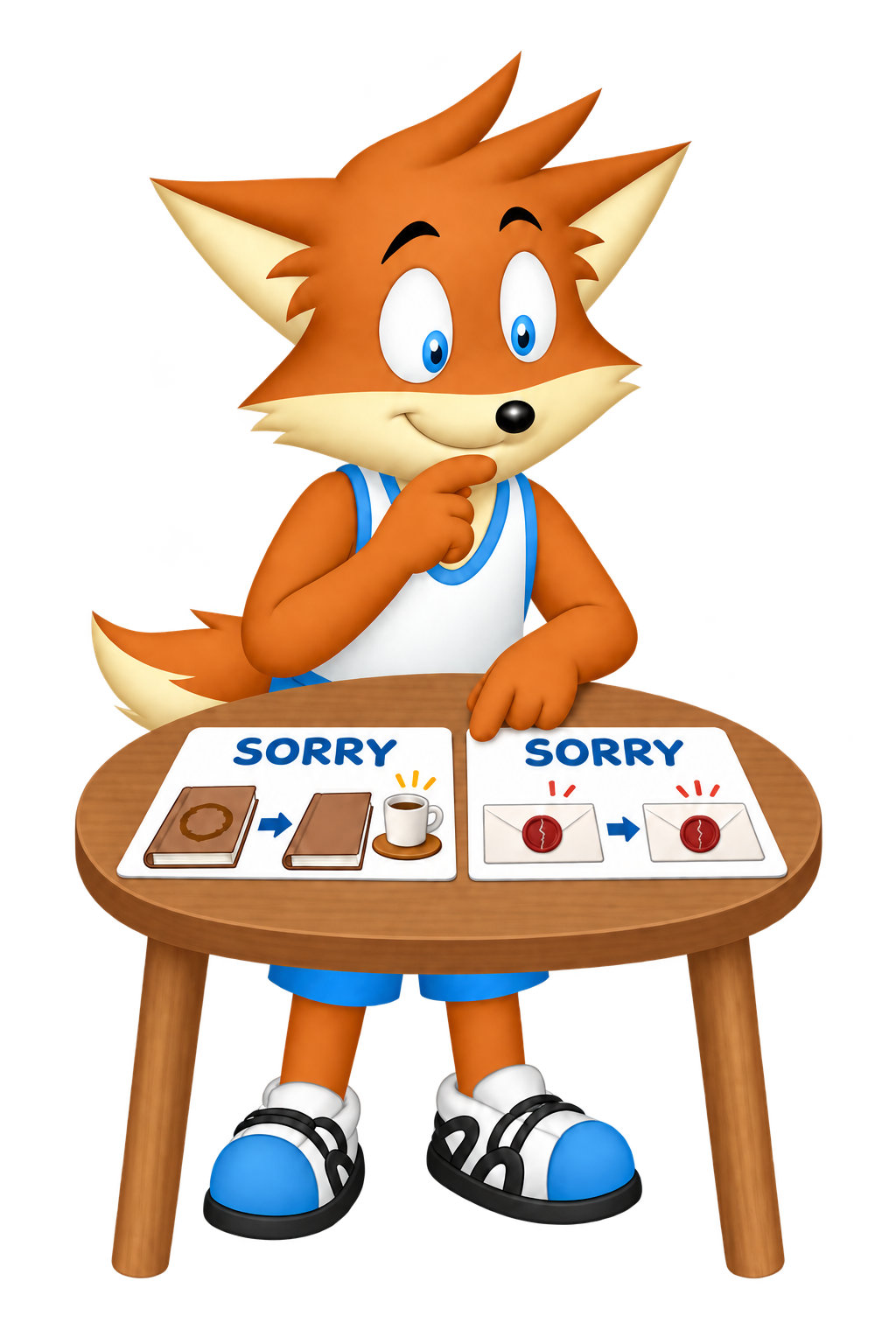 The orange partner compares two apology cards: one shows a stained book replaced and a cup moved to a coaster; the other shows a broken envelope seal repeated.