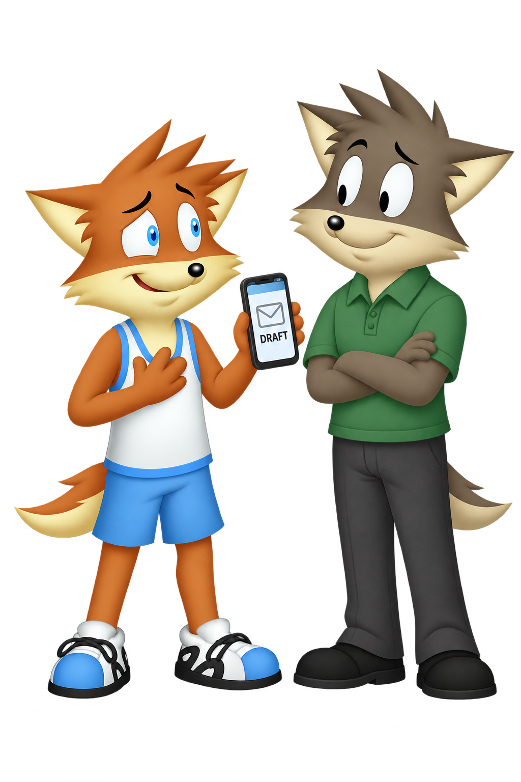 The orange partner holds a phone marked DRAFT and speaks with a hand on the chest while the grey partner listens.
