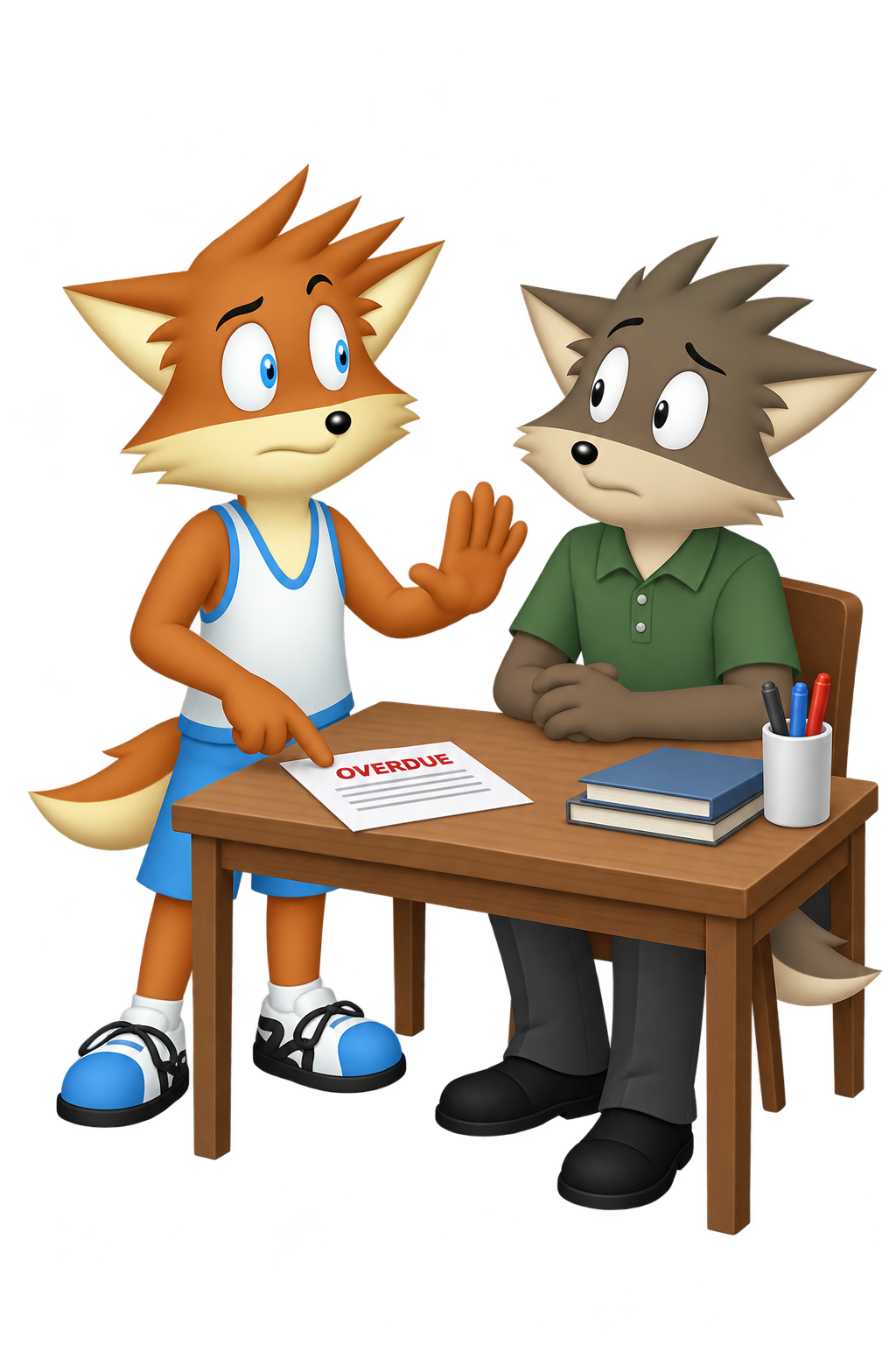 At a table with an overdue notice, the orange partner holds up a calm stopping hand while the grey partner listens.