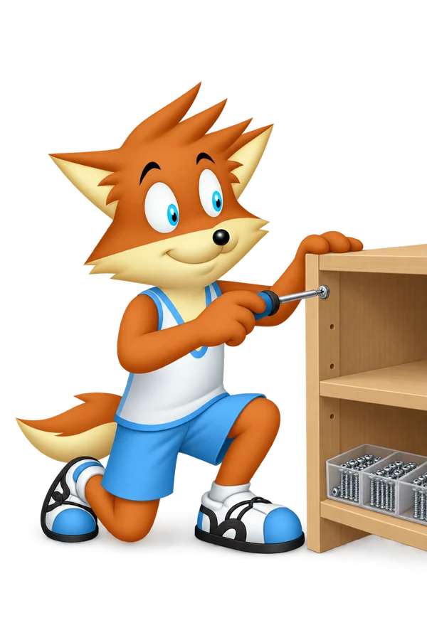 The orange mascot uses a screwdriver on a shelf beside a tray of sorted screws.
