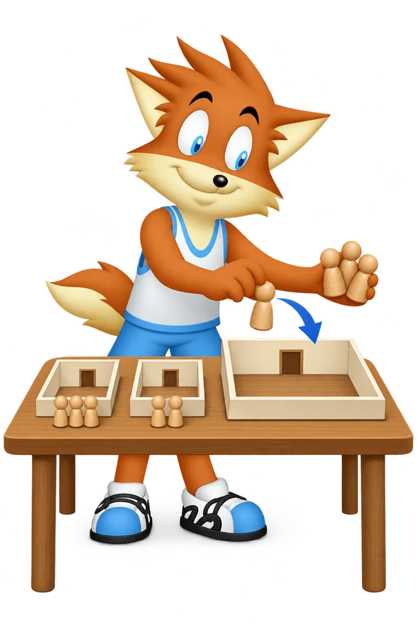 The orange mascot rearranges wooden figures among differently sized miniature rooms.