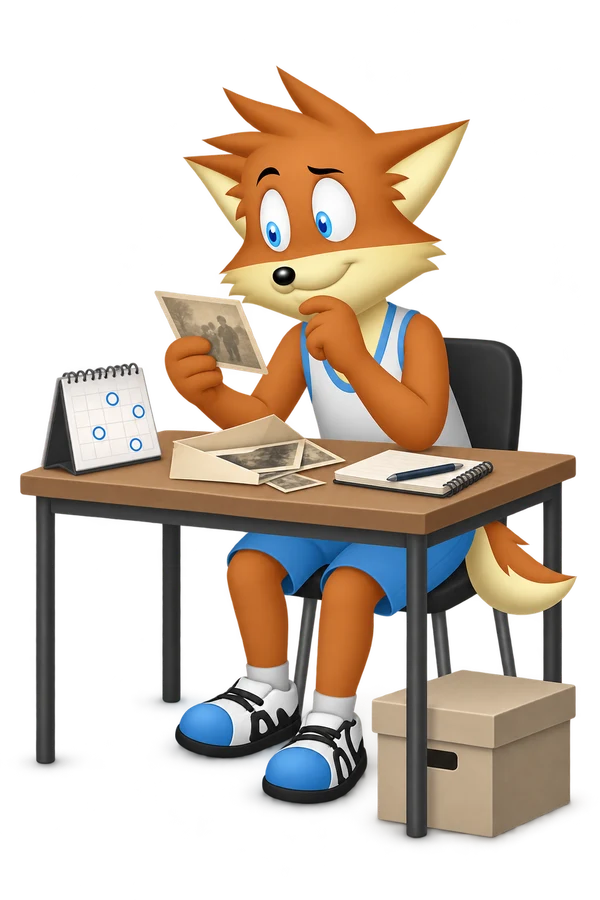 An orange archive reader examines a photograph at a desk with an open envelope, notebook and calendar marked on several separate days; a box sits below.