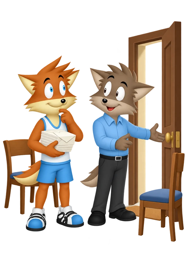 An orange organizer holds a stack of envelopes and pauses with a hand at the chin while a gray adult indicates an open doorway beside two chairs.
