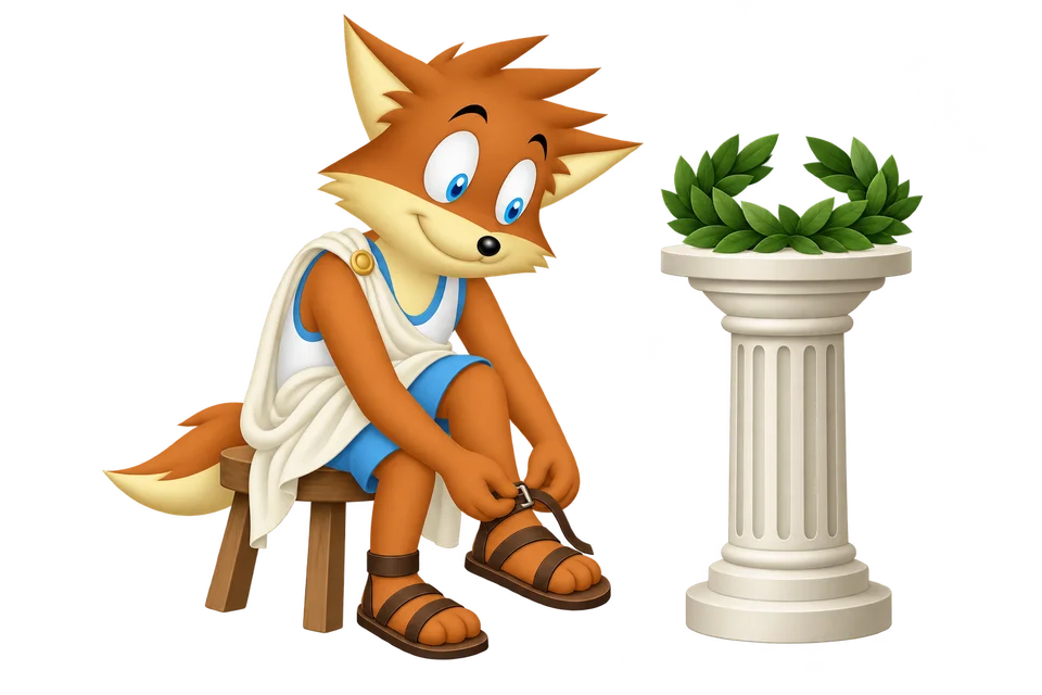 The orange mascot in a draped white cloth sits on a low stool fastening a sandal strap, beside a green laurel wreath on a grand fluted column.