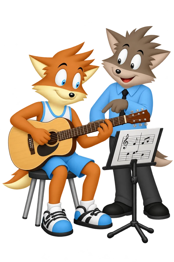 An orange adult holds a guitar and watches the fretting hand while a gray adult points to its finger position beside a music stand.