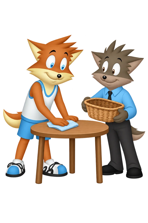 An orange adult wipes a round table with a cloth while a gray adult holds an open basket beside it.