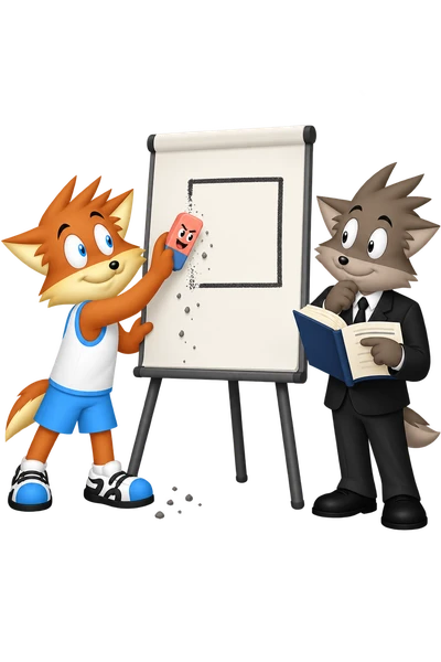 The orange mascot erases a chart border while a grey-brown companion holds an open book.