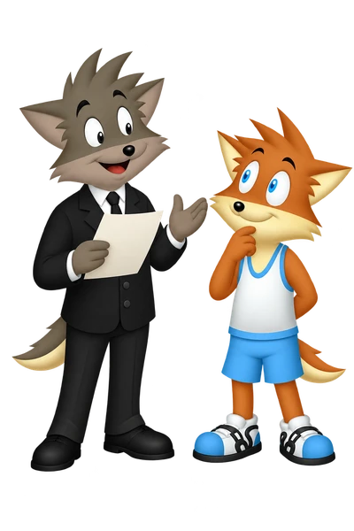 The orange mascot listens while a grey-brown companion reads from a sheet and gestures.