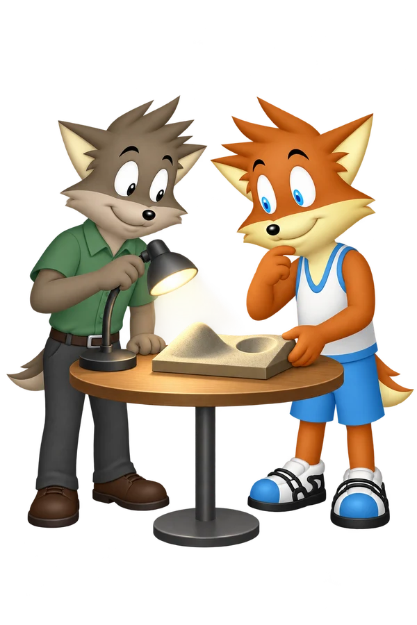 The mascot holds the corner of a relief model while a gray colleague changes its lighting.