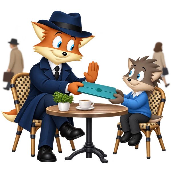 A fox agent in a navy fedora returns a sealed teal folder to a hedgehog source at a café table while passersby remain distant.
