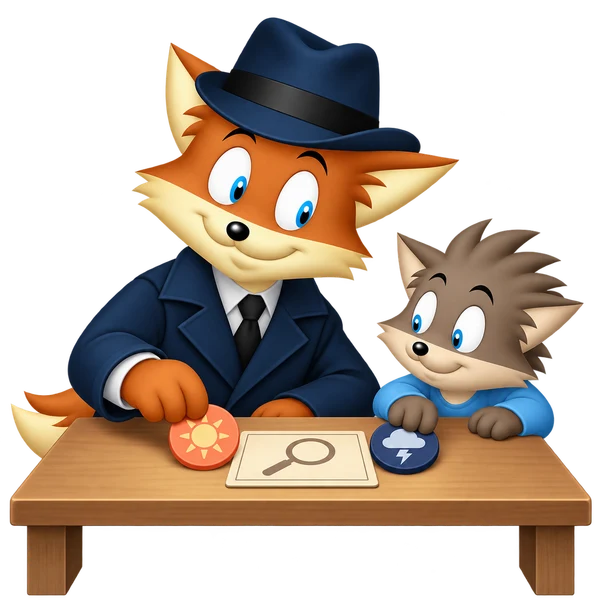 A fox agent and hedgehog place sun and storm tokens beside the same neutral evidence card on a table.