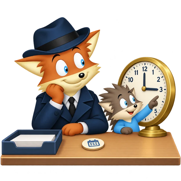 A fox agent and hedgehog wait beside an empty inbox tray, a large clock, and a scheduled follow-up token.