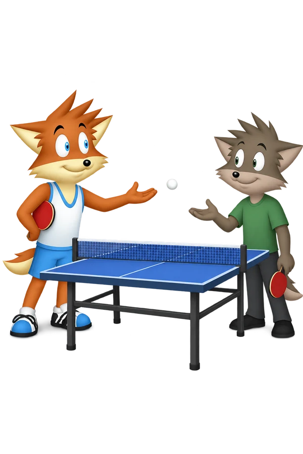 With paddles lowered, the orange player gently tosses a table-tennis ball to the waiting grey-brown player.