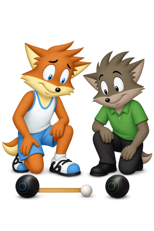 Two players inspect a measuring rule lying between a dark bowl and the white jack; the orange player looks rueful.