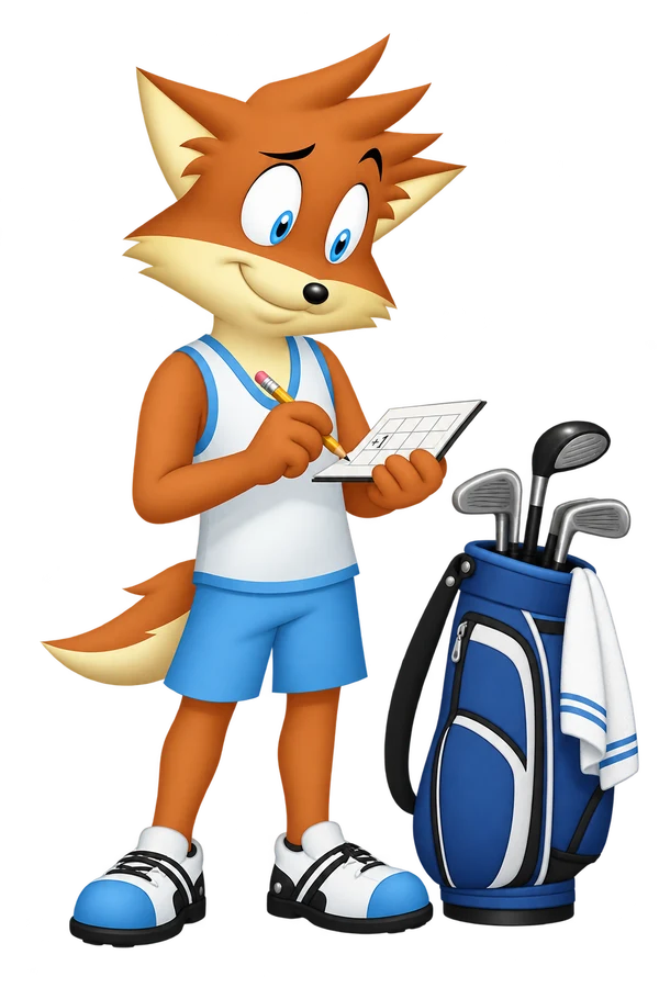 The orange golfer writes a correction on a scorecard beside a golf bag, with no audience present.